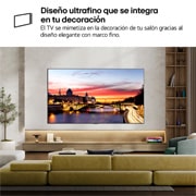 LG OLED evo AI C6 is wall-mounted in a styled living space, featuring an ultra-slim design with narrow bezels, and it displays a riverside cityscape at sunset on screen. 